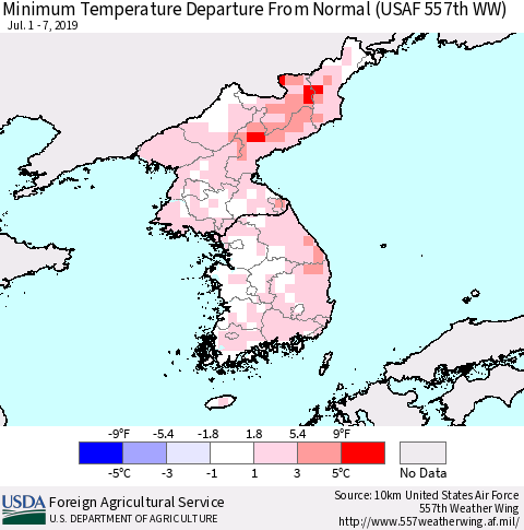 Korea Mean Minimum Temperature Departure from Normal (USAF 557th WW) Thematic Map For 7/1/2019 - 7/7/2019