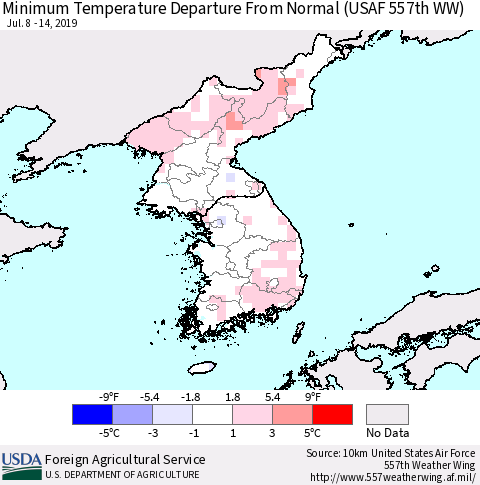 Korea Mean Minimum Temperature Departure from Normal (USAF 557th WW) Thematic Map For 7/8/2019 - 7/14/2019