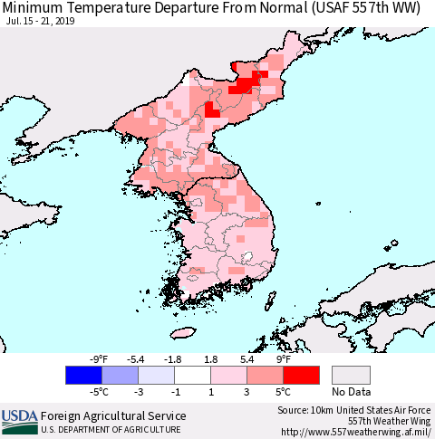 Korea Mean Minimum Temperature Departure from Normal (USAF 557th WW) Thematic Map For 7/15/2019 - 7/21/2019