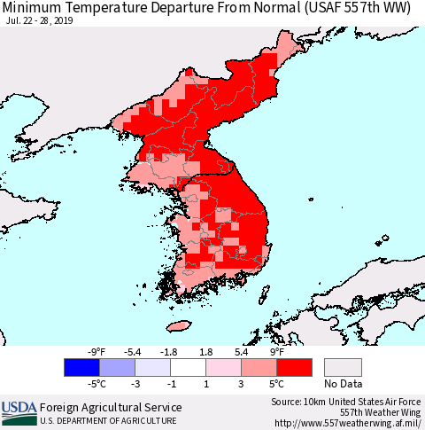Korea Mean Minimum Temperature Departure from Normal (USAF 557th WW) Thematic Map For 7/22/2019 - 7/28/2019
