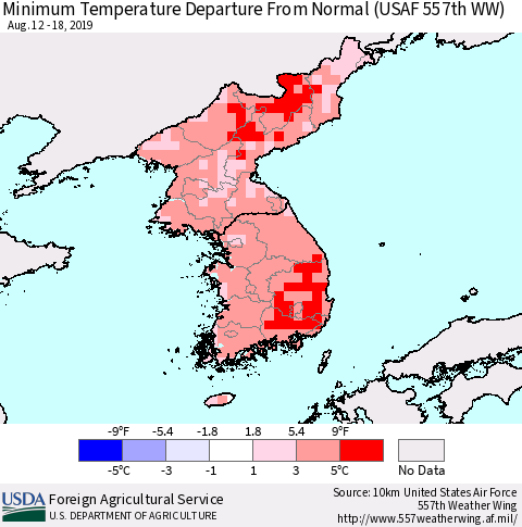 Korea Mean Minimum Temperature Departure from Normal (USAF 557th WW) Thematic Map For 8/12/2019 - 8/18/2019