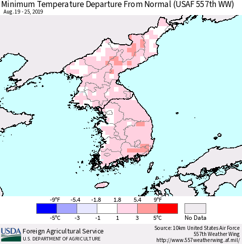 Korea Mean Minimum Temperature Departure from Normal (USAF 557th WW) Thematic Map For 8/19/2019 - 8/25/2019