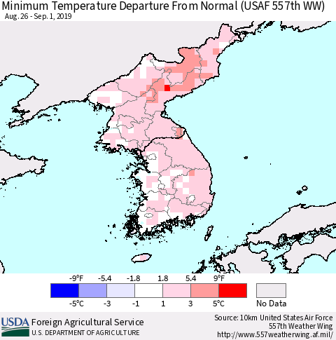 Korea Mean Minimum Temperature Departure from Normal (USAF 557th WW) Thematic Map For 8/26/2019 - 9/1/2019