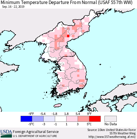 Korea Mean Minimum Temperature Departure from Normal (USAF 557th WW) Thematic Map For 9/16/2019 - 9/22/2019