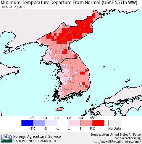 Korea Mean Minimum Temperature Departure from Normal (USAF 557th WW) Thematic Map For 9/23/2019 - 9/29/2019