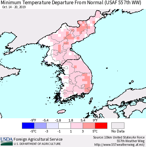 Korea Mean Minimum Temperature Departure from Normal (USAF 557th WW) Thematic Map For 10/14/2019 - 10/20/2019