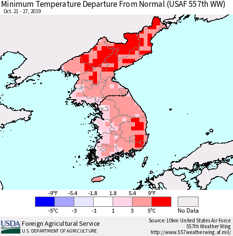 Korea Mean Minimum Temperature Departure from Normal (USAF 557th WW) Thematic Map For 10/21/2019 - 10/27/2019