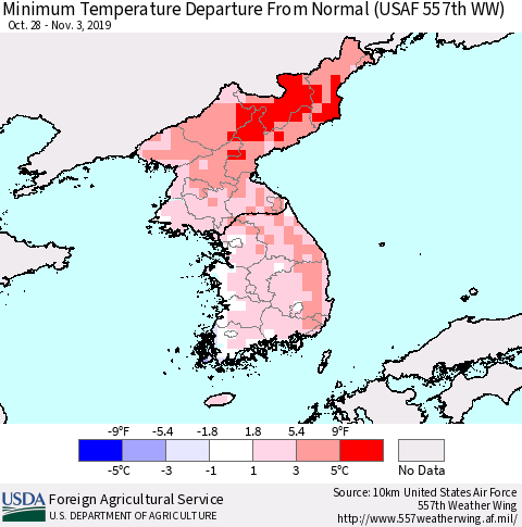 Korea Mean Minimum Temperature Departure from Normal (USAF 557th WW) Thematic Map For 10/28/2019 - 11/3/2019