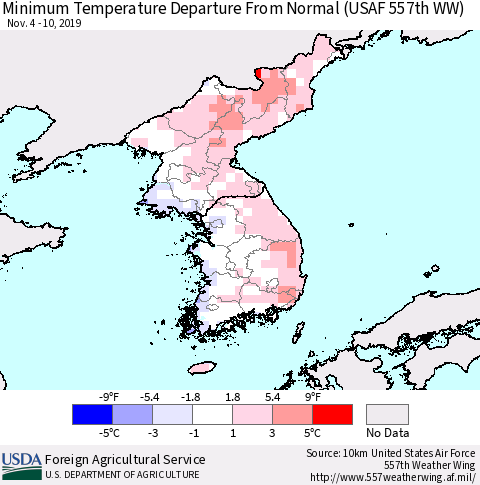 Korea Mean Minimum Temperature Departure from Normal (USAF 557th WW) Thematic Map For 11/4/2019 - 11/10/2019