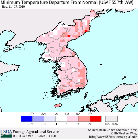 Korea Mean Minimum Temperature Departure from Normal (USAF 557th WW) Thematic Map For 11/11/2019 - 11/17/2019