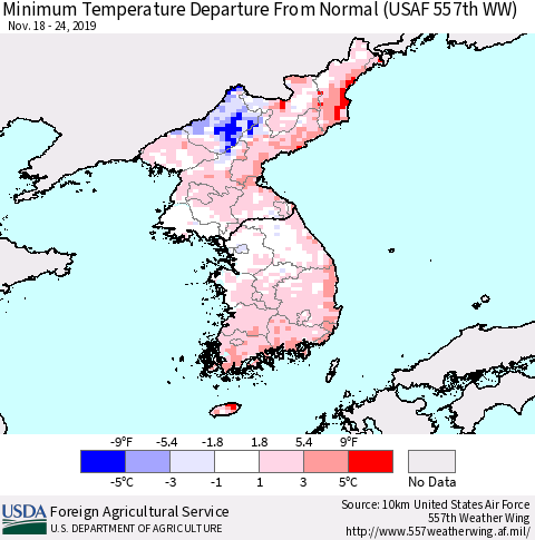 Korea Mean Minimum Temperature Departure from Normal (USAF 557th WW) Thematic Map For 11/18/2019 - 11/24/2019