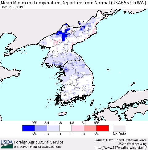 Korea Mean Minimum Temperature Departure from Normal (USAF 557th WW) Thematic Map For 12/2/2019 - 12/8/2019