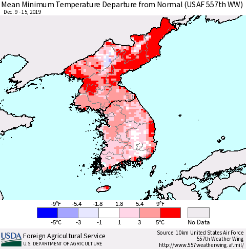 Korea Mean Minimum Temperature Departure from Normal (USAF 557th WW) Thematic Map For 12/9/2019 - 12/15/2019