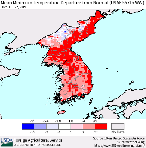 Korea Mean Minimum Temperature Departure from Normal (USAF 557th WW) Thematic Map For 12/16/2019 - 12/22/2019