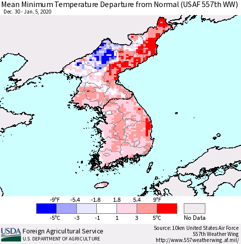 Korea Mean Minimum Temperature Departure from Normal (USAF 557th WW) Thematic Map For 12/30/2019 - 1/5/2020