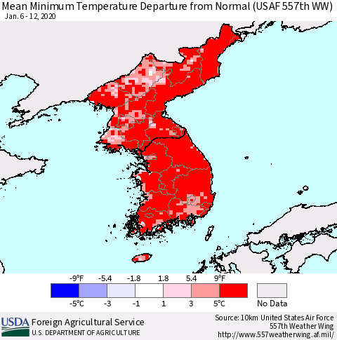 Korea Mean Minimum Temperature Departure from Normal (USAF 557th WW) Thematic Map For 1/6/2020 - 1/12/2020
