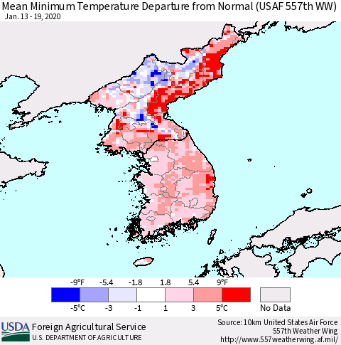 Korea Mean Minimum Temperature Departure from Normal (USAF 557th WW) Thematic Map For 1/13/2020 - 1/19/2020
