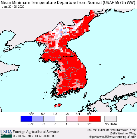 Korea Mean Minimum Temperature Departure from Normal (USAF 557th WW) Thematic Map For 1/20/2020 - 1/26/2020