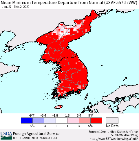 Korea Mean Minimum Temperature Departure from Normal (USAF 557th WW) Thematic Map For 1/27/2020 - 2/2/2020