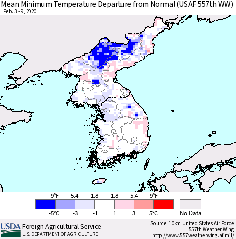 Korea Mean Minimum Temperature Departure from Normal (USAF 557th WW) Thematic Map For 2/3/2020 - 2/9/2020