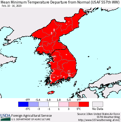 Korea Mean Minimum Temperature Departure from Normal (USAF 557th WW) Thematic Map For 2/10/2020 - 2/16/2020