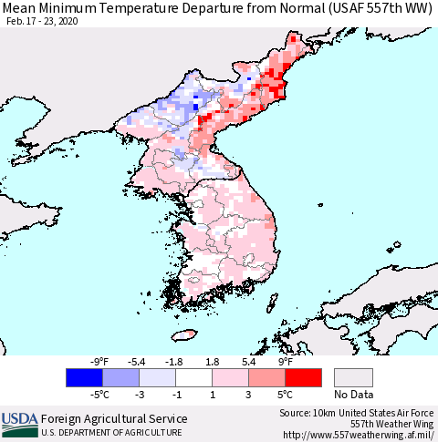 Korea Mean Minimum Temperature Departure from Normal (USAF 557th WW) Thematic Map For 2/17/2020 - 2/23/2020