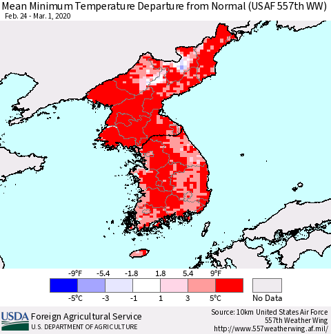 Korea Mean Minimum Temperature Departure from Normal (USAF 557th WW) Thematic Map For 2/24/2020 - 3/1/2020