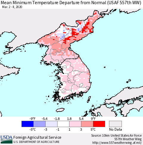 Korea Mean Minimum Temperature Departure from Normal (USAF 557th WW) Thematic Map For 3/2/2020 - 3/8/2020