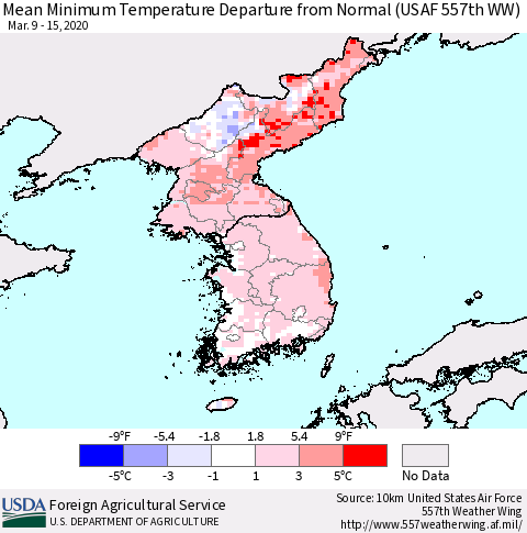 Korea Mean Minimum Temperature Departure from Normal (USAF 557th WW) Thematic Map For 3/9/2020 - 3/15/2020