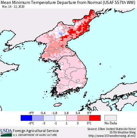 Korea Mean Minimum Temperature Departure from Normal (USAF 557th WW) Thematic Map For 3/16/2020 - 3/22/2020
