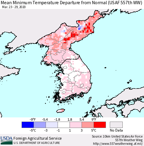 Korea Mean Minimum Temperature Departure from Normal (USAF 557th WW) Thematic Map For 3/23/2020 - 3/29/2020