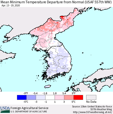 Korea Mean Minimum Temperature Departure from Normal (USAF 557th WW) Thematic Map For 4/13/2020 - 4/19/2020