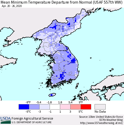 Korea Mean Minimum Temperature Departure from Normal (USAF 557th WW) Thematic Map For 4/20/2020 - 4/26/2020