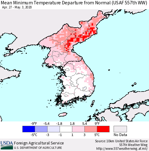 Korea Mean Minimum Temperature Departure from Normal (USAF 557th WW) Thematic Map For 4/27/2020 - 5/3/2020