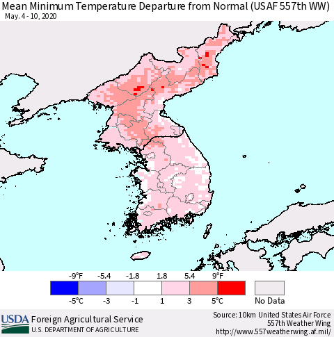 Korea Mean Minimum Temperature Departure from Normal (USAF 557th WW) Thematic Map For 5/4/2020 - 5/10/2020