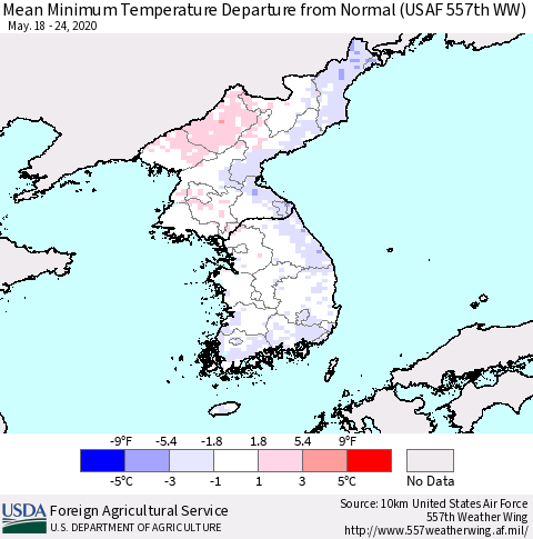 Korea Mean Minimum Temperature Departure from Normal (USAF 557th WW) Thematic Map For 5/18/2020 - 5/24/2020