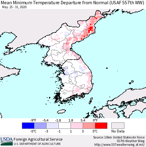Korea Mean Minimum Temperature Departure from Normal (USAF 557th WW) Thematic Map For 5/25/2020 - 5/31/2020