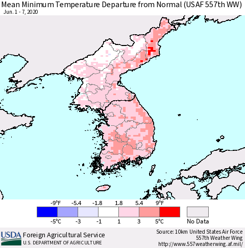 Korea Mean Minimum Temperature Departure from Normal (USAF 557th WW) Thematic Map For 6/1/2020 - 6/7/2020