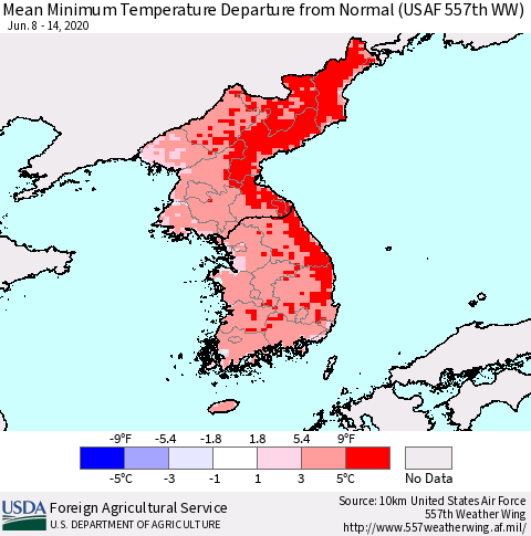 Korea Mean Minimum Temperature Departure from Normal (USAF 557th WW) Thematic Map For 6/8/2020 - 6/14/2020