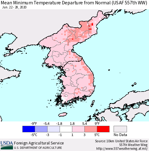 Korea Mean Minimum Temperature Departure from Normal (USAF 557th WW) Thematic Map For 6/22/2020 - 6/28/2020