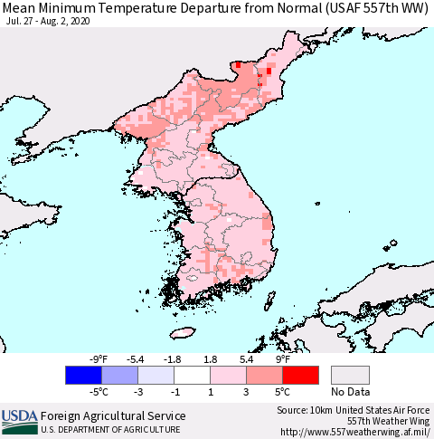 Korea Mean Minimum Temperature Departure from Normal (USAF 557th WW) Thematic Map For 7/27/2020 - 8/2/2020