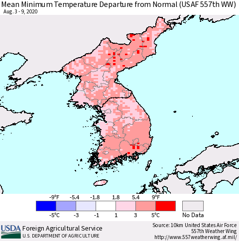 Korea Mean Minimum Temperature Departure from Normal (USAF 557th WW) Thematic Map For 8/3/2020 - 8/9/2020