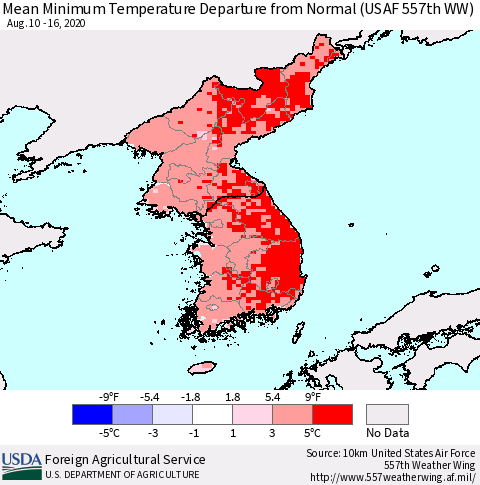 Korea Mean Minimum Temperature Departure from Normal (USAF 557th WW) Thematic Map For 8/10/2020 - 8/16/2020