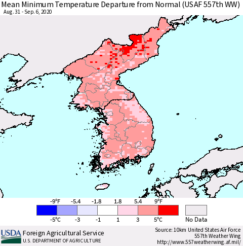 Korea Mean Minimum Temperature Departure from Normal (USAF 557th WW) Thematic Map For 8/31/2020 - 9/6/2020