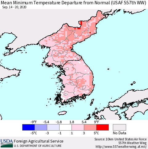 Korea Minimum Temperature Departure From Normal (USAF 557th WW) Thematic Map For 9/14/2020 - 9/20/2020