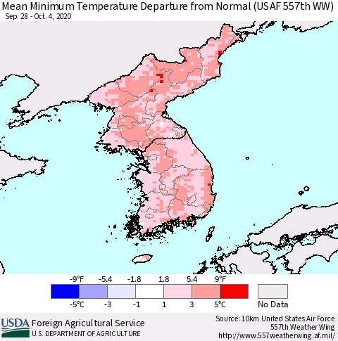 Korea Mean Minimum Temperature Departure from Normal (USAF 557th WW) Thematic Map For 9/28/2020 - 10/4/2020
