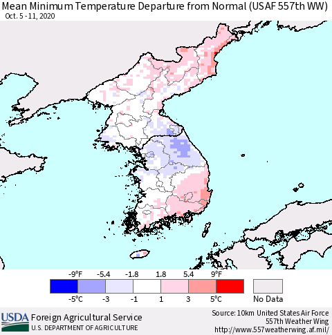 Korea Mean Minimum Temperature Departure from Normal (USAF 557th WW) Thematic Map For 10/5/2020 - 10/11/2020