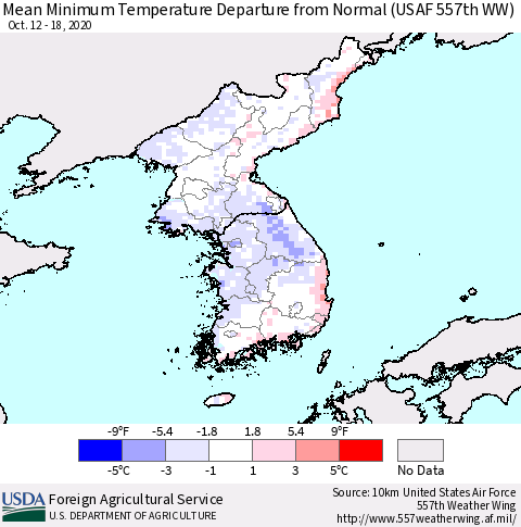 Korea Mean Minimum Temperature Departure from Normal (USAF 557th WW) Thematic Map For 10/12/2020 - 10/18/2020