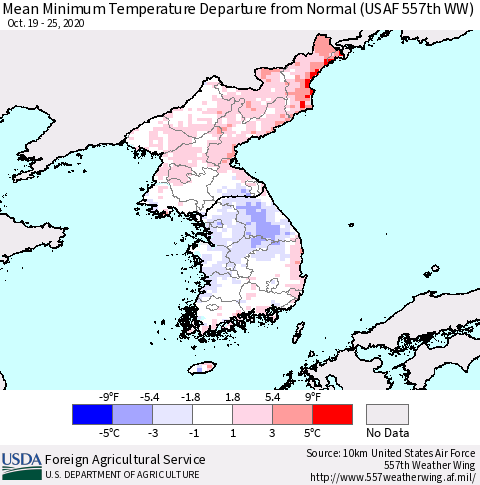 Korea Mean Minimum Temperature Departure from Normal (USAF 557th WW) Thematic Map For 10/19/2020 - 10/25/2020