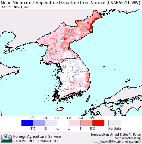 Korea Mean Minimum Temperature Departure from Normal (USAF 557th WW) Thematic Map For 10/26/2020 - 11/1/2020